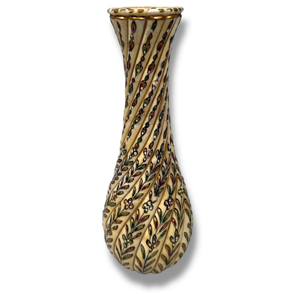 Vintage Moroccan Inlaid Bone Vase Scrimshaw 8.5" Floral Hand-Painted Middle East